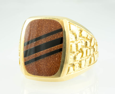 14 Kt Yellow Gold GoldStone & Onyx Men's Ring