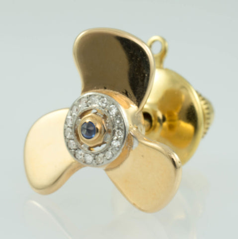 14 Kt Yellow Gold Diamond & Sapphire Propellor Tie Tack
