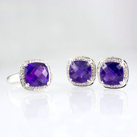 14 Kt White Gold Amethyst & Diamond Set