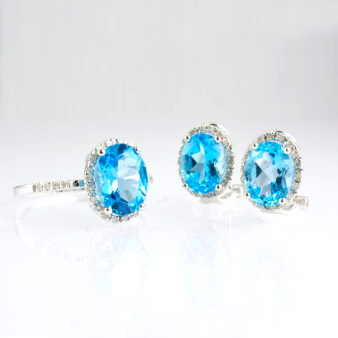 14 Kt White Gold Blue Topaz & Diamond Set