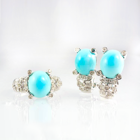 14 Kt White Gold Turquoise & Diamond Set