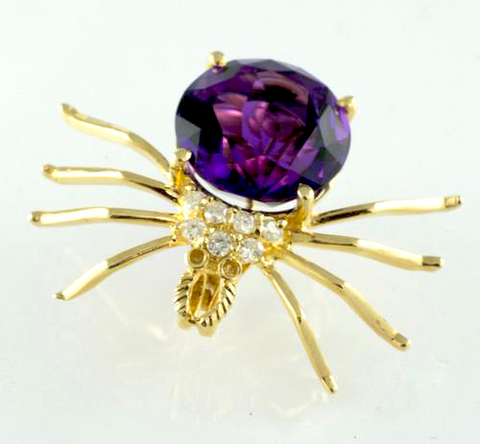 14 Kt Yellow Gold Amethyst & Diamond Brooch