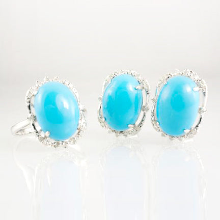 14 Kt White Gold Turquoise & Diamond Set