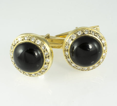 14 Kt Yellow Gold Onyx & Diamond Cuff Links