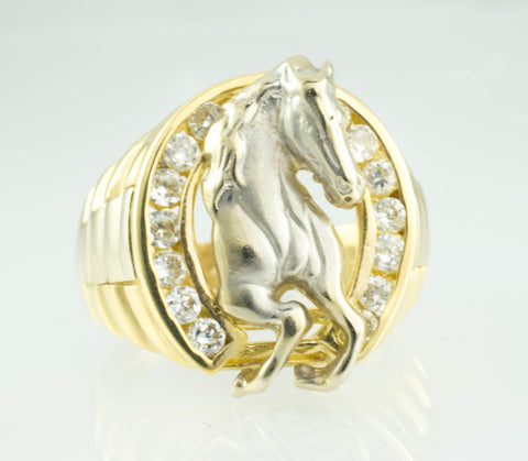 14 Kt Two-Tone Gold Horse Cubic Zirconia Men's Ring
