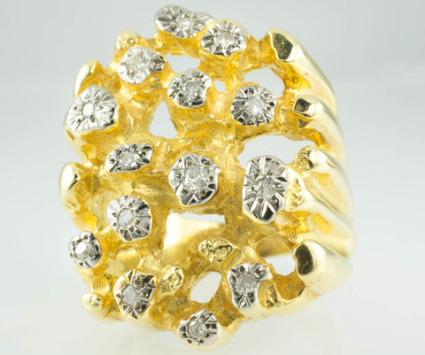 14 Kt Yellow Gold Solid Nugget Men's Diamond Ring