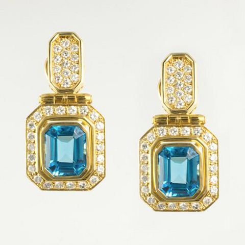 Yellow Gold Blue Topaz & Diamond Ladies' Earrings