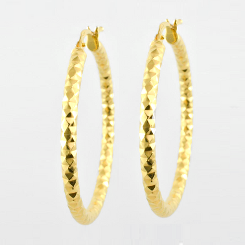 14 Kt Yellow Gold Diamond Cut Ladies' Hoop Earrings