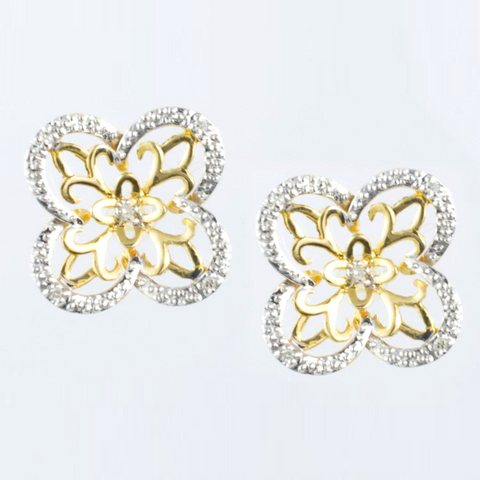 14 Kt Two Tone Gold Flower Diamond Ladies' Earrings