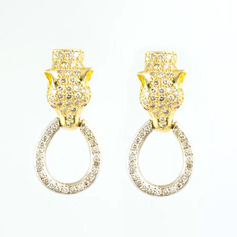 14 Kt Gold Diamonds & Ruby Panther Ladies' Earrings