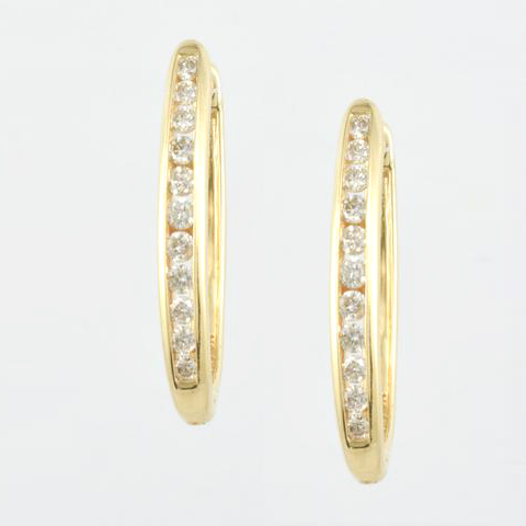 14 Kt Yellow Gold & Diamond Ladies' Oval Hoop Earrings
