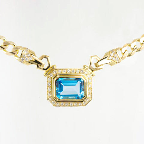 14 Kt Yellow Gold Blue Topaz & Diamond Necklace