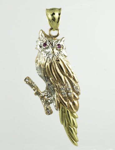 14 Kt Gold Tri-Color Cubic Zirconia Owl Charm