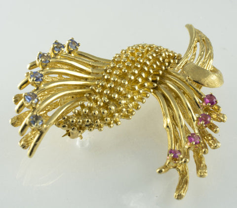 14 Kt Yellow Gold Ruby & Sapphire Brooch